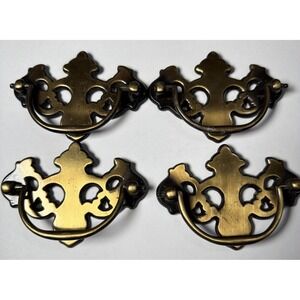 563~Vtg Lot 4 Antiqued Brass Batwing Drawer Furniture Pulls Drop Handle Country
